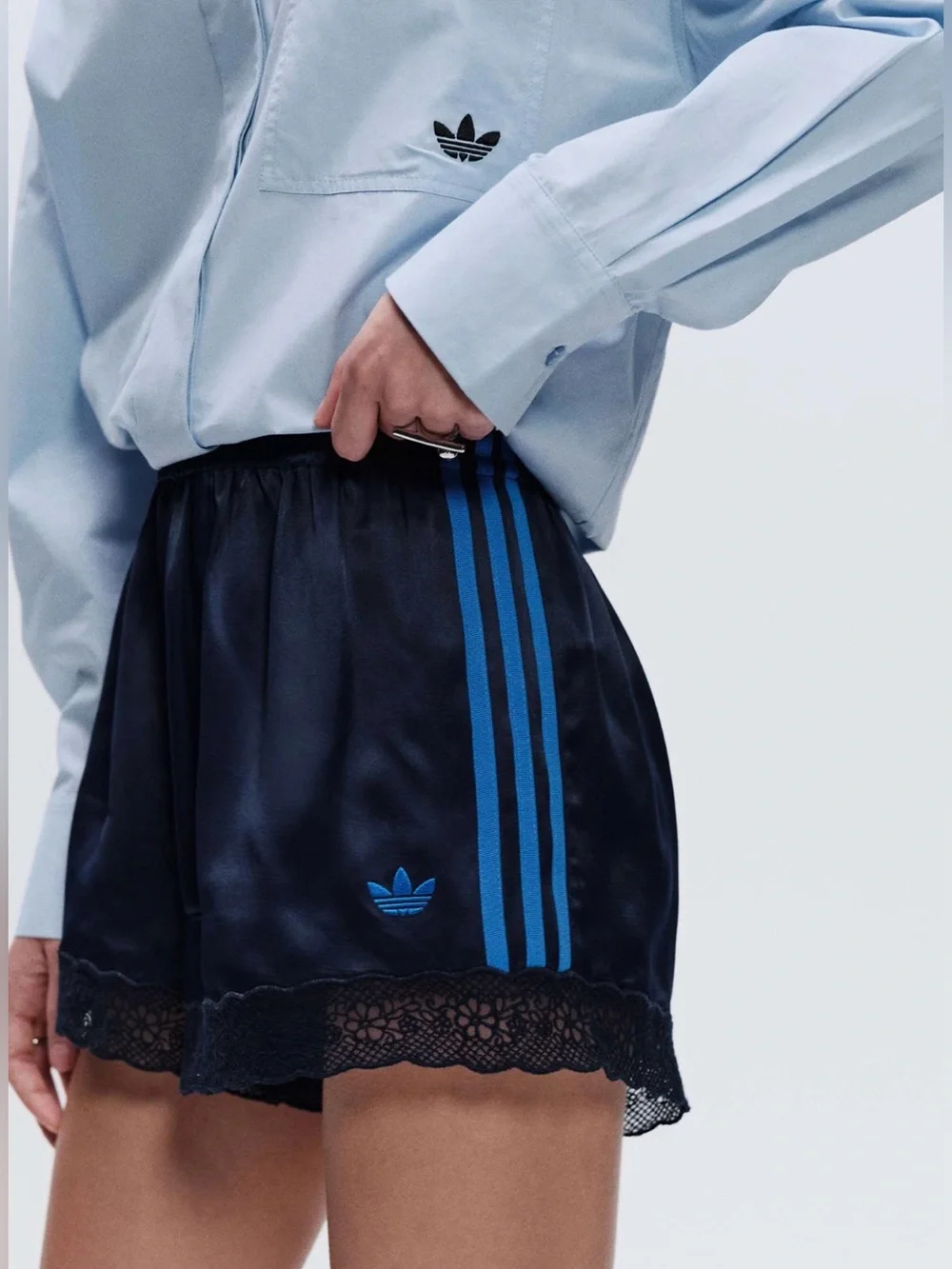 NWT Adidas Navy Blue Satin Athletic Shorts with Lace Trim - Picture 1 of 10